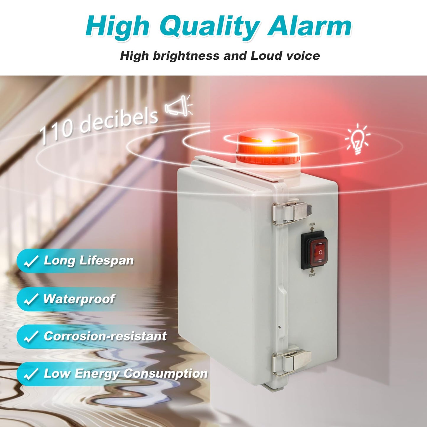 Septic Pump Alarm, Zuomeng High Water Alarm for Sump Pump Features a Bright Flashing Light and 110 db Alarm, Can Be Externally Connected to The Submersible Pump, with IP67 Casing