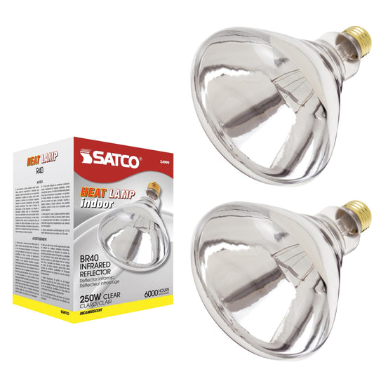 Satco S4999-250 Watt BR40 Heat Lamp Bulb – Clear Finish, Incandescent Reflector, Medium E26 Base, 2700K Warm White, 120V, Dimmable, 6000 Hour Life – CSAus Listed (2 Pack)