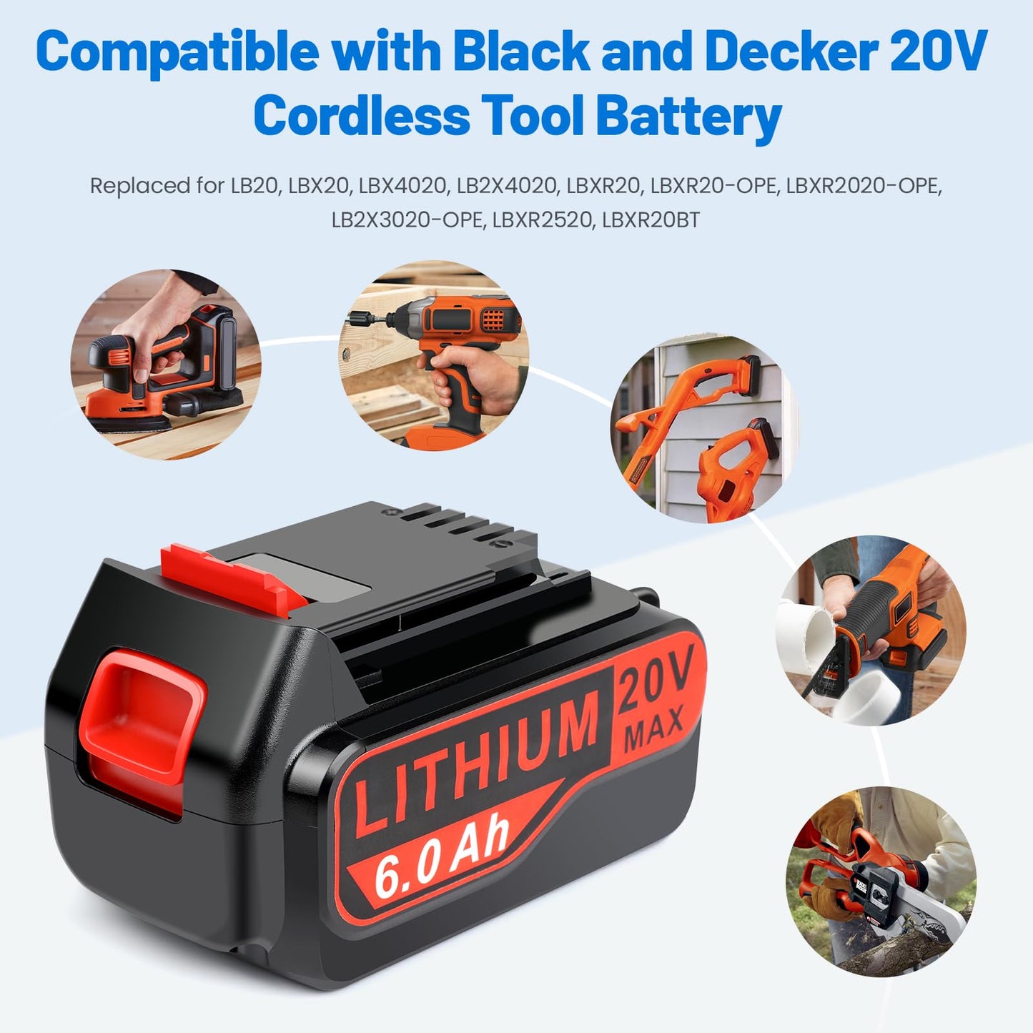 PASUKTER 4-Pack High-Output 6Ah 20V Battery Replacement for Black+Decker 20V Battery Tools LB20 LBX20 LBXR20 LBXR20B LBXR2020 LBX4020 LB2X4020 LST220 Battery