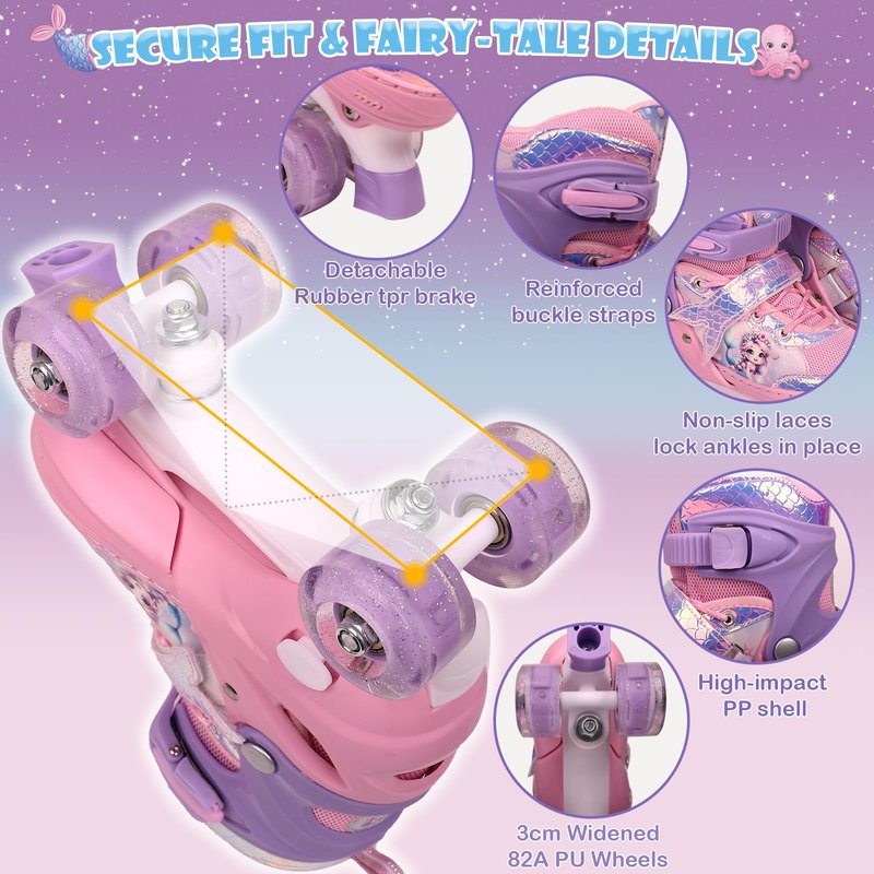 Adjustable Mermaid Roller Skates for Kids Girls with LED Light Up Wheels | Indoor Outdoor Skates for Kids Beginners | Protective Gear Set Included | Birthday Gift (Purple Pink)