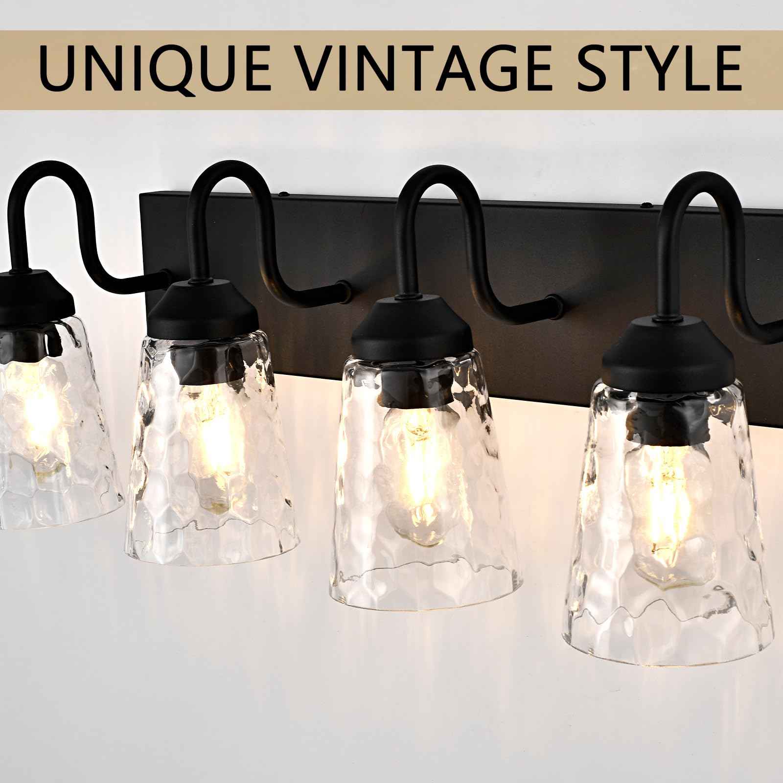 NOVCAND 4-Light Bathroom Light Fixtures, Coastal Vanity Lights with Crystal Glass Shade, Black Bathroom Wall Lamp for Mirror Kitchen Hallway Bedroom