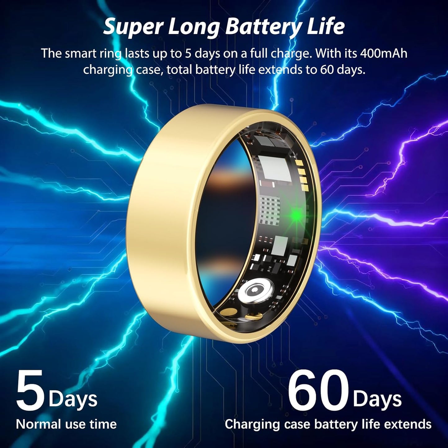 Skiennix Smart Health Ring - Fitness Tracker with Heart Rate, Blood Oxygen & Sleep Monitoring | IP68 Waterproof (Gold, Size 8)