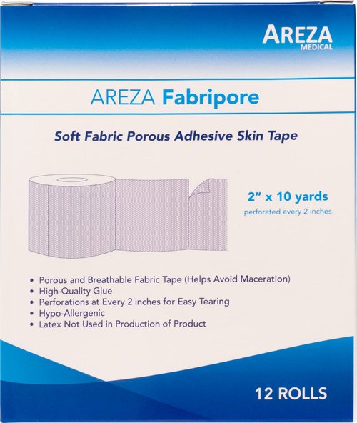 Areza Medical Surgical Tape - Porous Skin Soft Fabric Cloth Adhesive Tape - Fabripore - 2" x 10 yds. (5 cm x 9 m) - 12 Rolls per Box