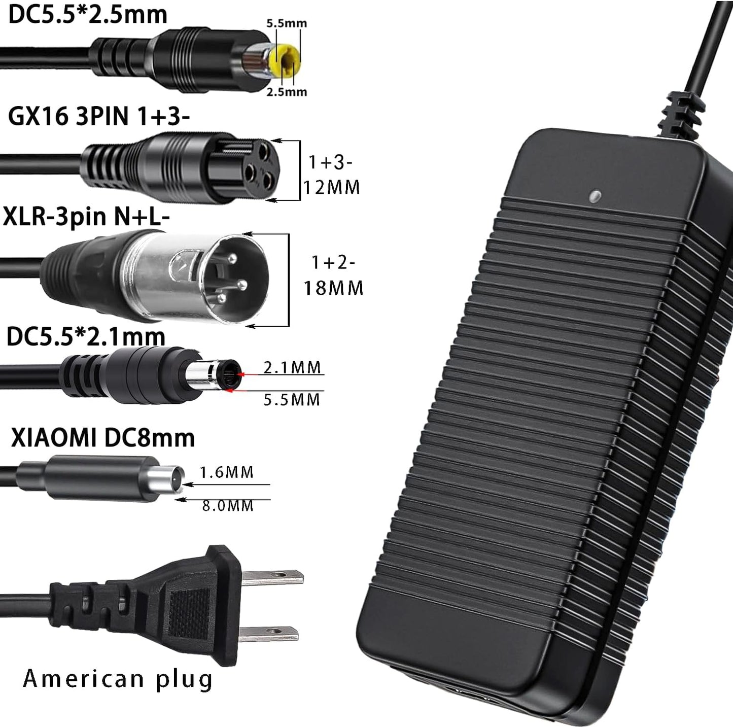 QDD 42V 2A Scooter Charger - Universal 4-in-1 Plugs for 36V 10S Lithium Batteries | Female DC 5.5mm-2.1mm Port