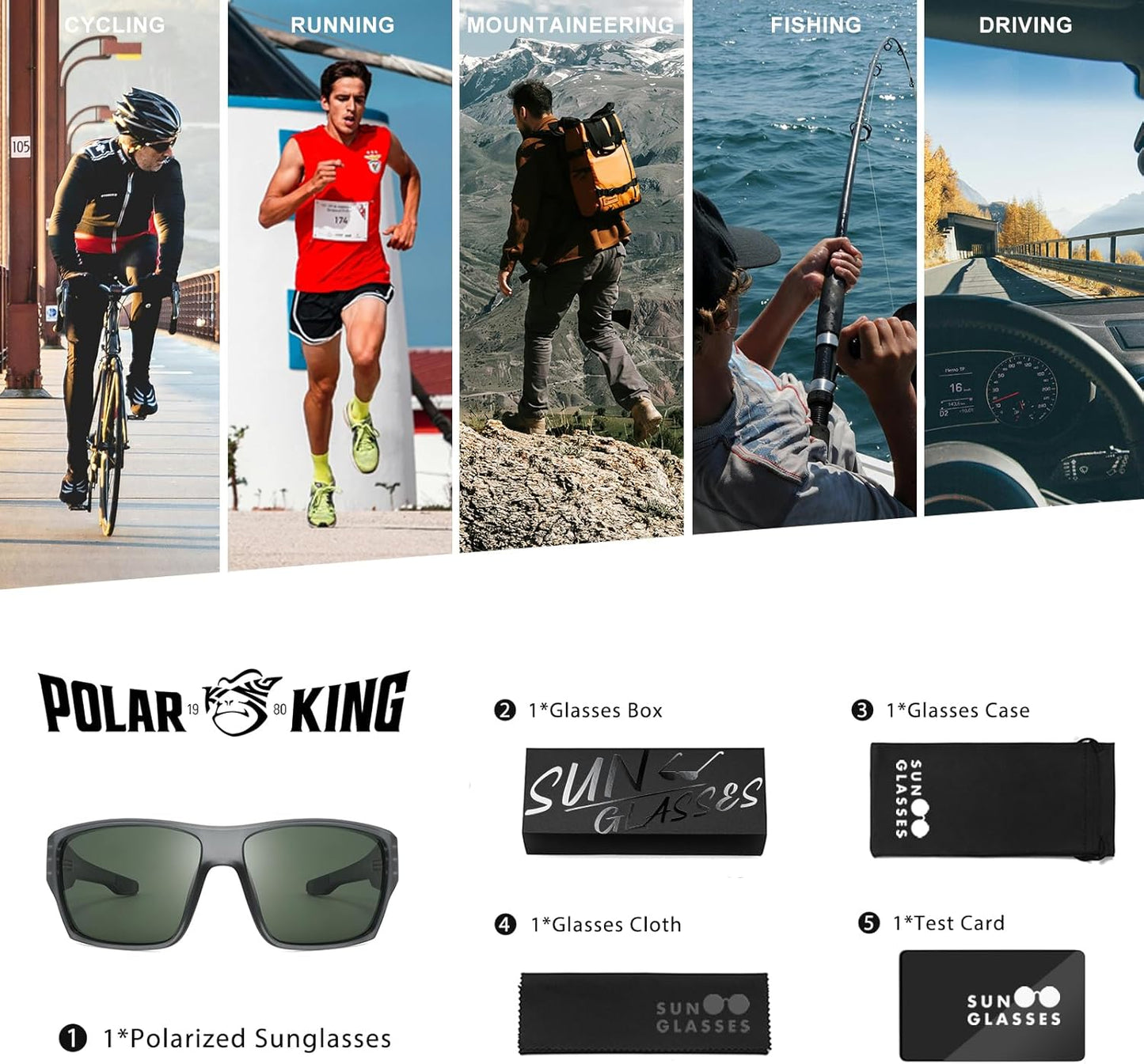 POLARKING Polarized Sports Sunglasses - UV400 Protection, Square Frame for Cycling & Fishing