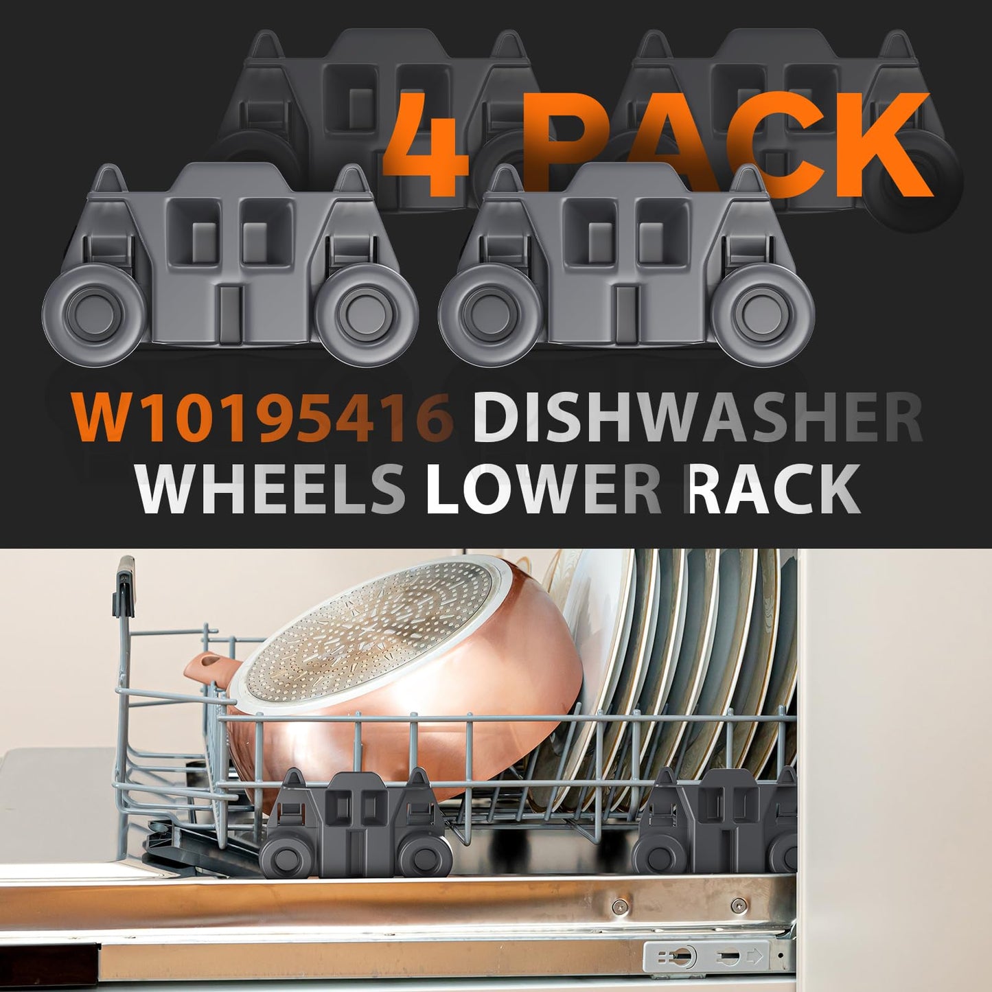 4 Pack Dishwasher Rack Wheels W10195416, Updated Resistant to Rust Lower Rack Wheels Compatible with KitchenAid Whirlpool Kenmore Maytag Model W10195416v W10195417