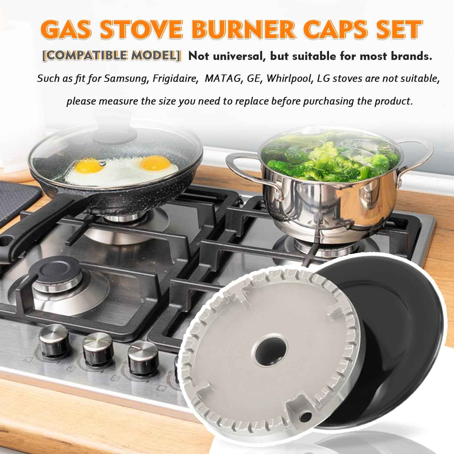 HUAREW Gas Stove Burner Caps Set, Cooker Hat Set Suitable for Most Gas Stove Burners, 1 Large, 1 Small, 2 Middle