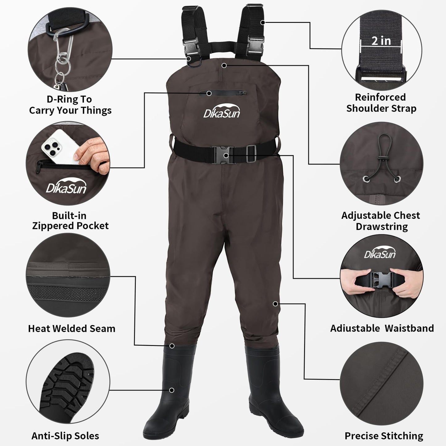 DikaSun Fishing Waders for Men & Women, Waterproof 2-Ply Nylon/PVC Chest Wader with Boots for Outdoor Sizes 4-13 Bootfoot(Brown, M10/W12)