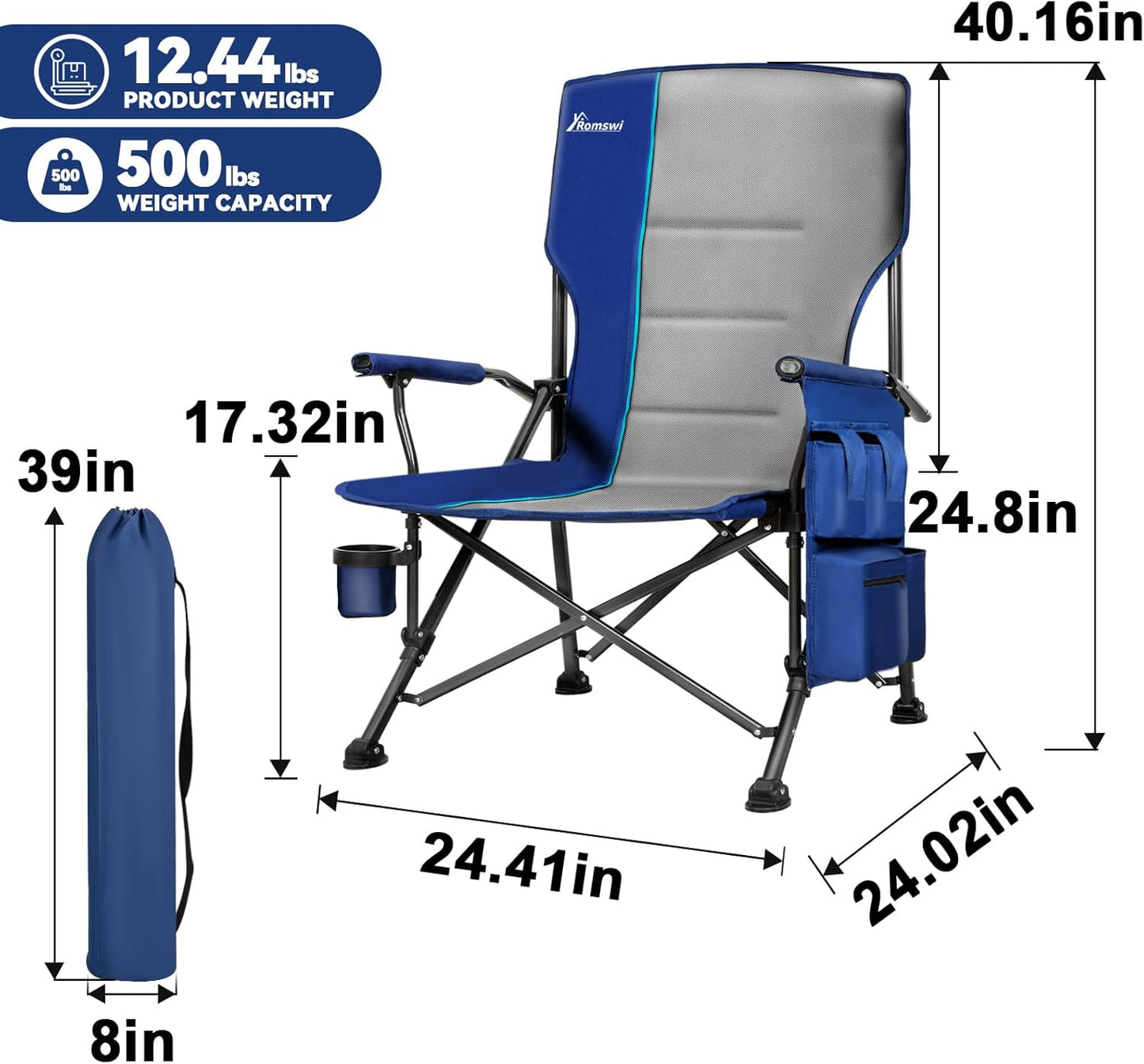Romswi Heavy Duty Folding Camping Chairs - 500 LBS Capacity, Oversized with Cup Holder & Side Pocket | 2 Pack