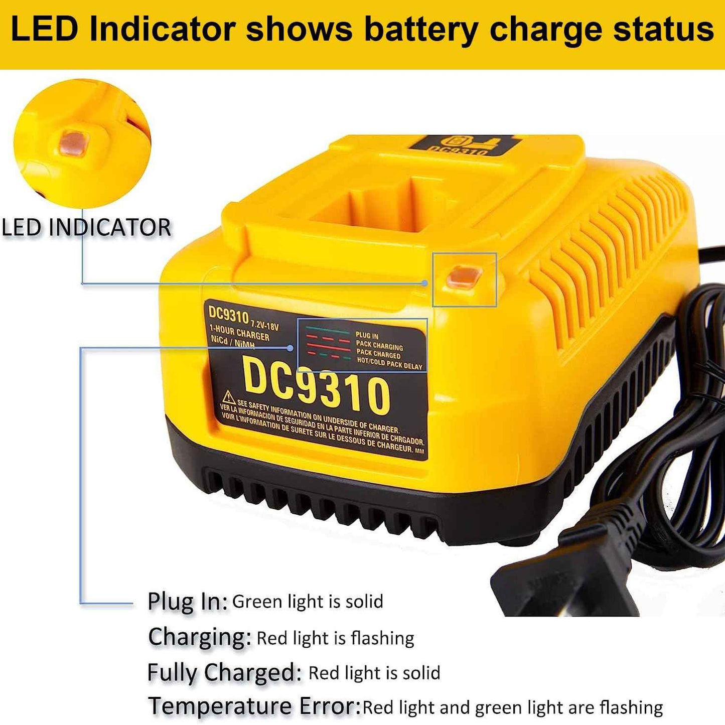 DC9310 18V Fast Charger Replacement for Dewalt 7.2V-18V XRP NiCad/NiMh Battery DW9116 DC9096 DC9098 DC9099 DW9098 DW9099 DW9096 DW9072 DW9061