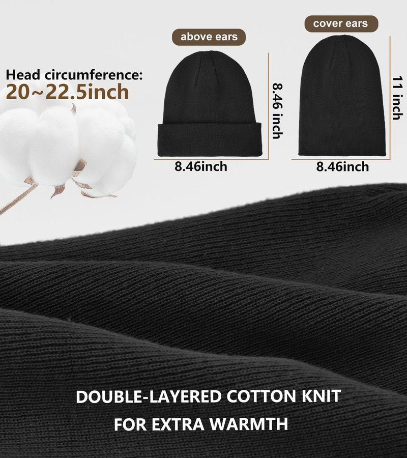 Simapu 100% Cotton Beanie for Women Men,Double-Layer Knit Warm Winter Hat Soft Cuff Fisherman Beanies Hats Slouchy Skull Cap Black