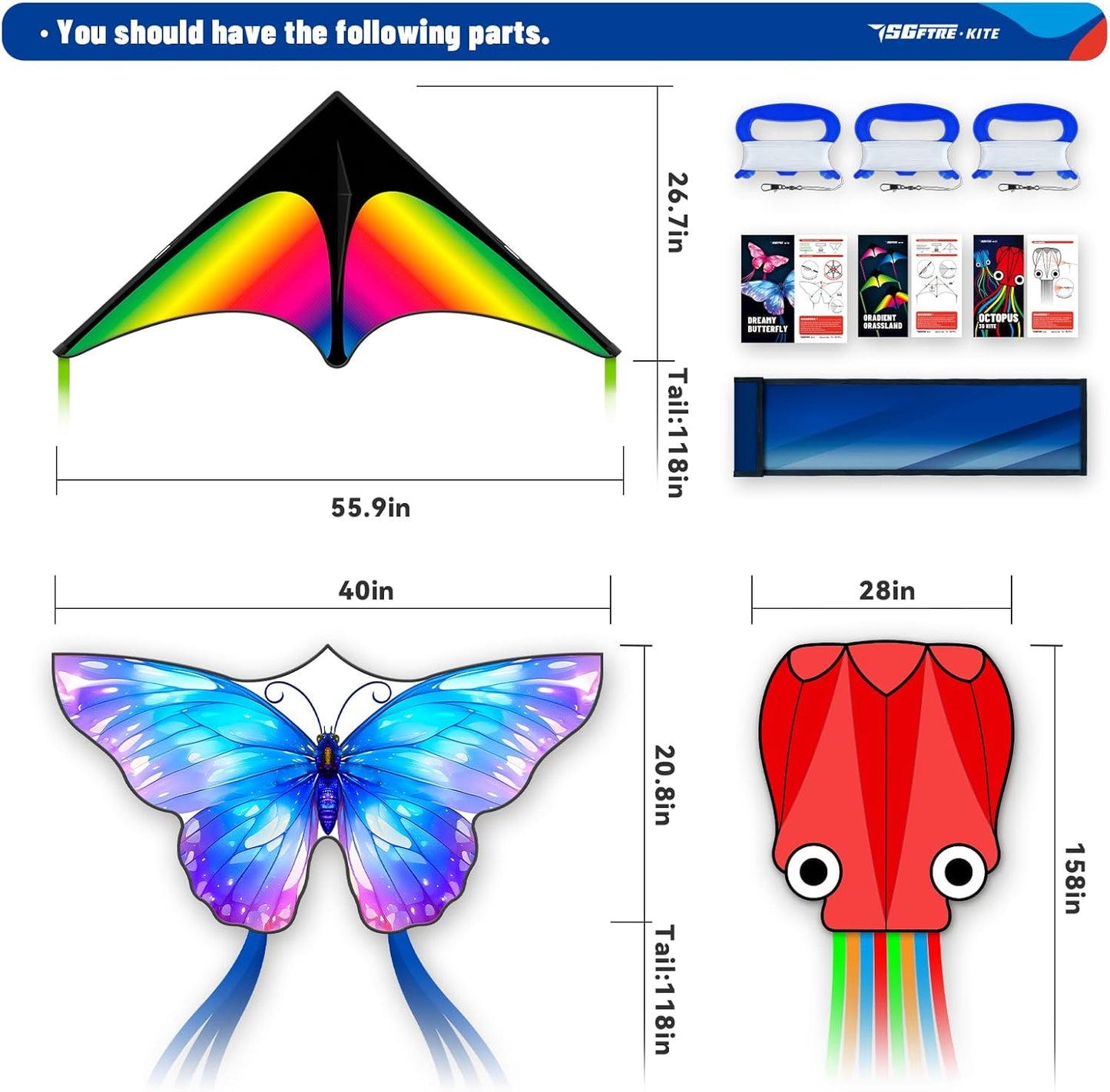 SGftre 3-Piece Kite Set - Easy-to-Fly Butterfly, Delta & Octopus Kites for Kids & Adults | Vibrant Colors