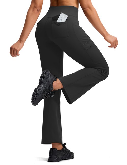 ISEEGZ Women's Hiking Pants Fleece Lined High Waisted Thermal Flare Leggings for Women 6 Pockets Outdoor Travel Casual A-Black