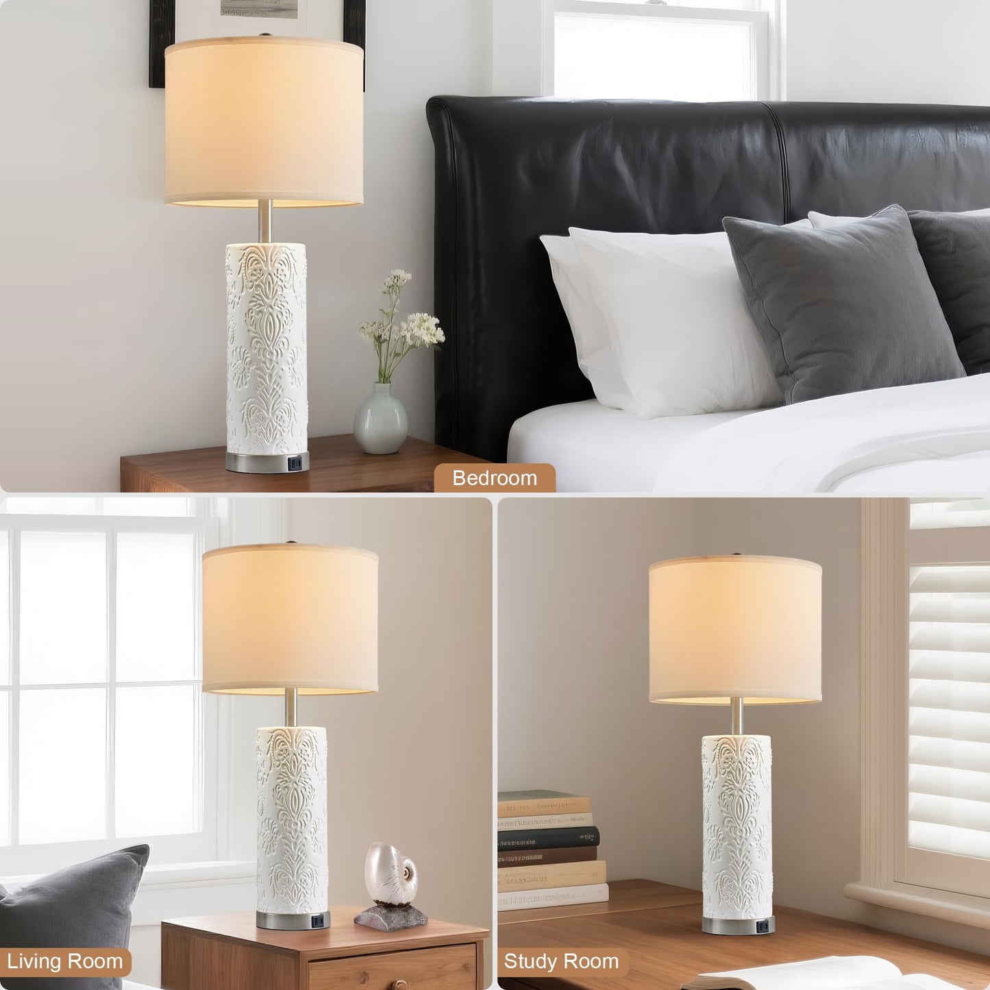 SRJJA 28" Modern White Ceramic Table Lamps Set of 2 for Living Room, Farmhouse 3-Way Dimmable Touch Bedside Lamps with USB A+C Ports for Bedroom Nightstand, 2 Bulbs Included