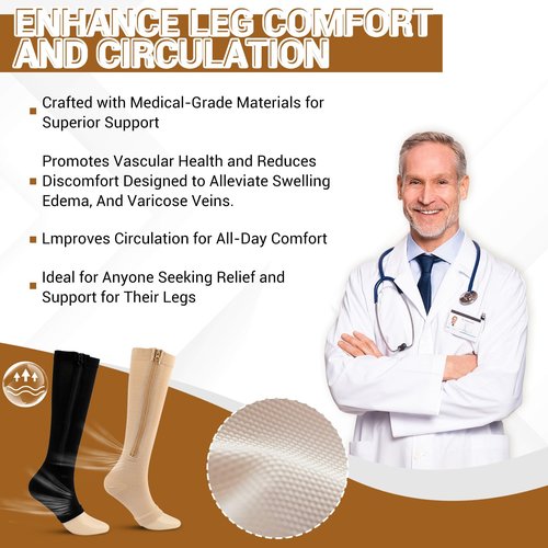 4 Pairs Zipper Compression Socks Women & Men, 15-20 Mmhg Compression Socks with Zipper, Medical Compression Socks with Zipper, Toeless Lining for Varicose Veins, Edema, Recover (Black/Beige Open Toe, Large-X-Large)