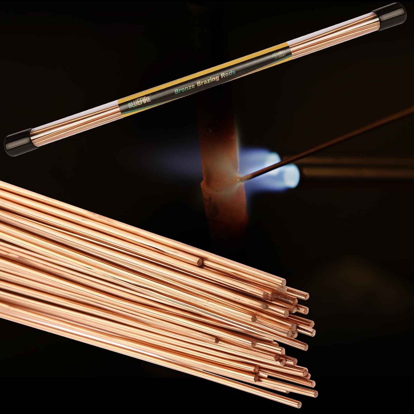BLUEFIRE 1/2 lb 9pcs Bare Bronze Brazing Rods Low Fume Copper Brazing Alloys Diameter 1/8” Length 14” Solid LFB Sticks for TIG MAPP Propane Torch Gas Welding Brass Carbon Steel Cast Iron Nickel Alloy