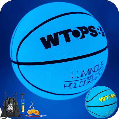 Glow In The Dark Basketball - Luminous Blue PU Leather | Includes Pump & Bag, Sizes 5/6/7