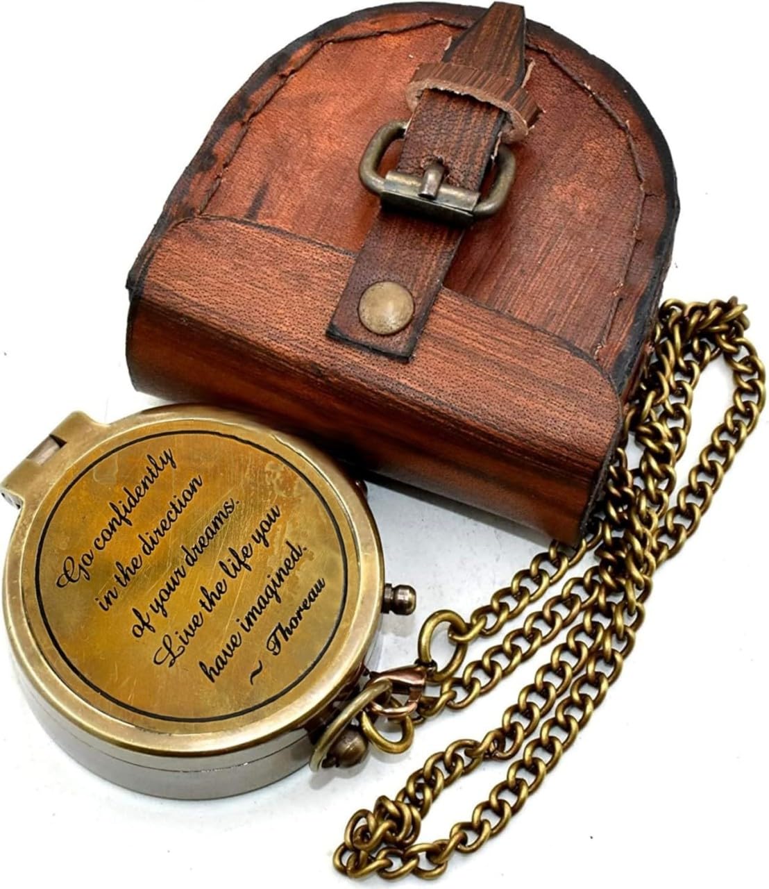 Thoreau's Go Confidently Engraved Solid Brass Nautical Pocket Compass with Leather Case, Brass Compass to Son, Gifts for Men with Famous Poet Quotes, Graduation Day, Birthday, Easter Gift (XII)