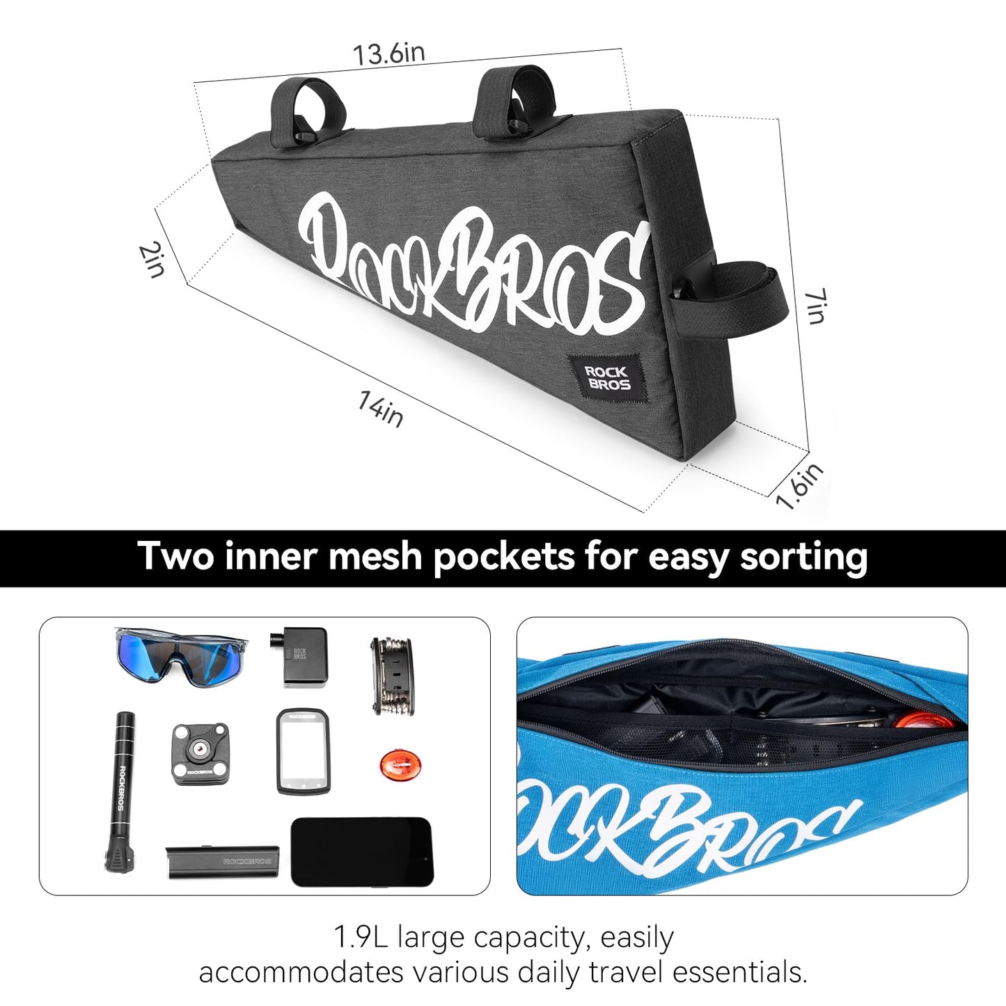 ROCKBROS Bike Frame Bag 1.9L Bike Triangle Bag Water Resistant Bike Frame Pouch Black/Blue/Red Bike Bag for Bicycles Blue
