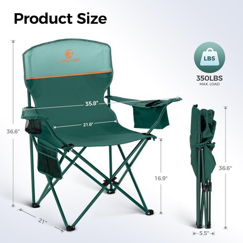 ALPHA CAMP Heavy Duty Camping Chair - 350LBS Capacity with Cooler Bag & Cup Holder | Portable Black 2PC Set