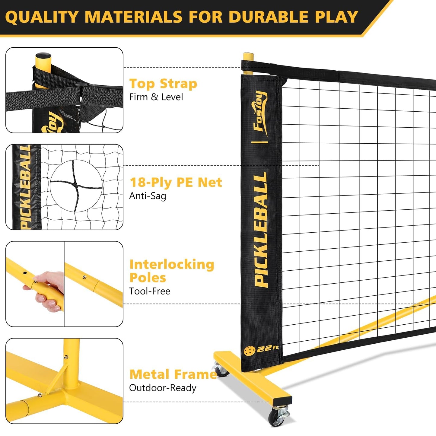 Portable Pickleball Net Set with Wheels, Regulation Size 22 FT & Half Court 11 FT, Steady Metal Frame Pickle Ball Net Set System with Carry Bag for Backyards, Driveways, and Garages