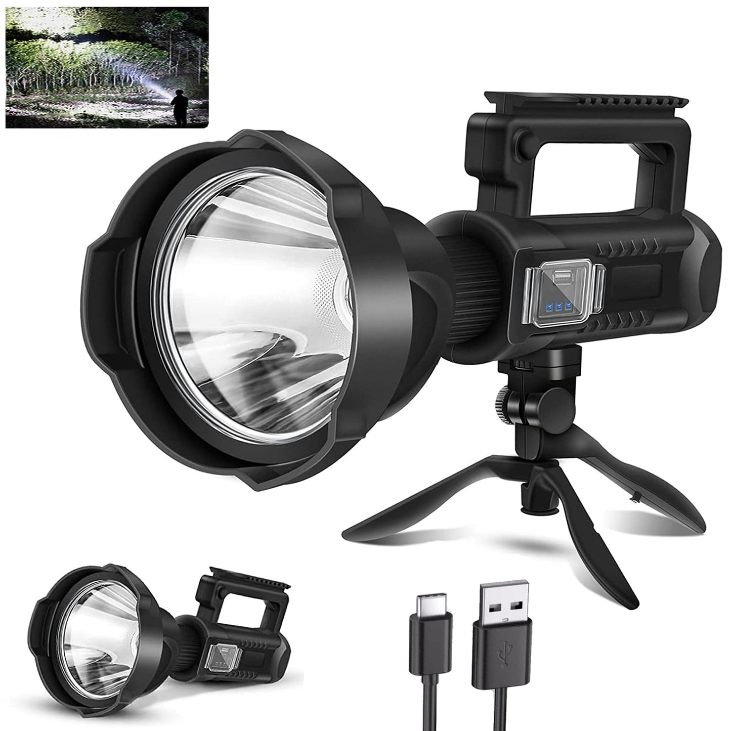 Rechargeable Spotlight, 2,000,000L High Lumens Led Spot Lights Outdoor Handheld Super Bright Long Range Powerful Flashlight with 4 Modes, Tripod, USB C, IPX5 Waterproof for Fishing Boating Camping