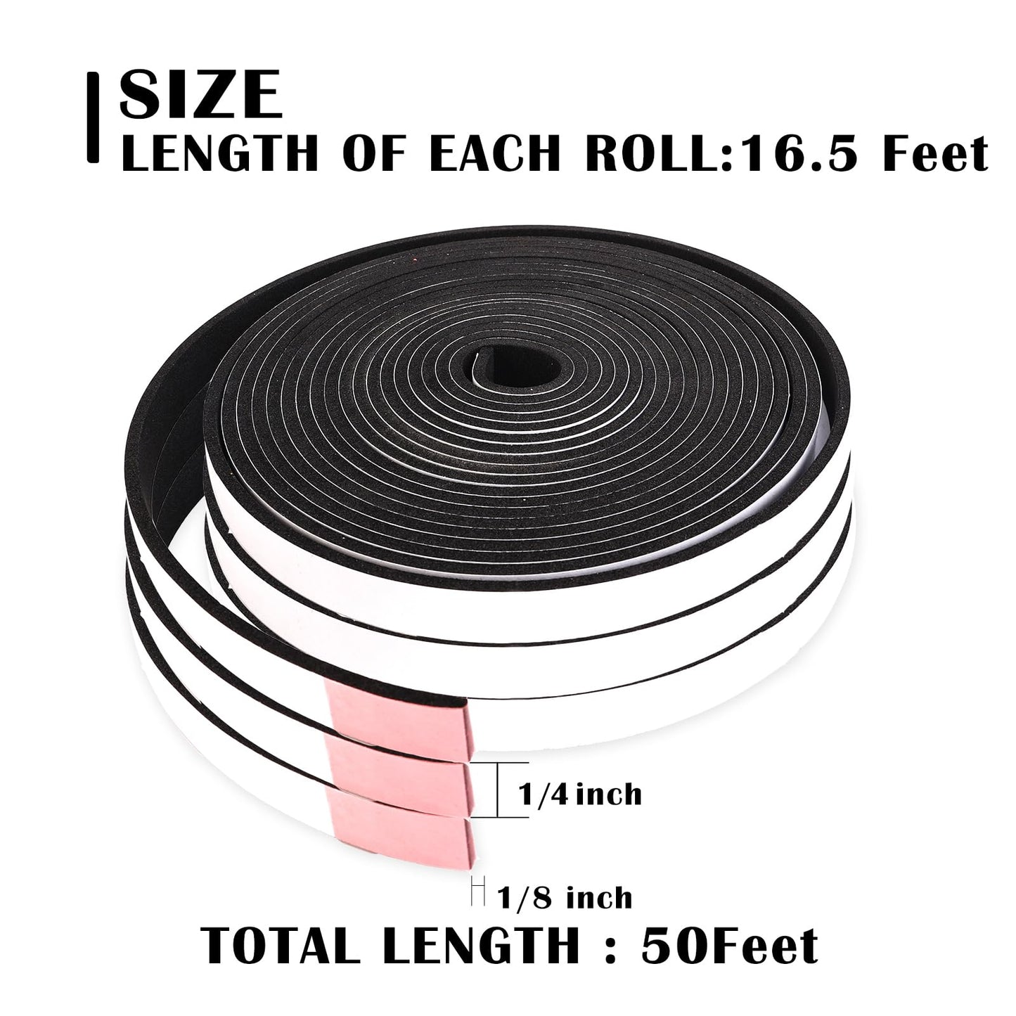 Black Foam Weather Stripping 1/4 Inch W x 1/8 Inch T,Single Sided Foam Tape for Door and Window，AC Seal,High Density Foam Insulation Strip,Soundproof and Closed Cell Weatherstrip 3 Roll(Total 50 Feet)