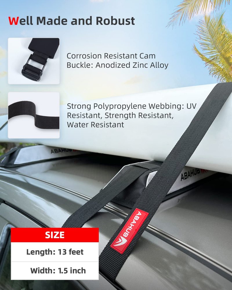 Abahub 2 PCS Roof Rack Cargo Tie Down Straps 16 ft x 1.5 inch for SUP Paddle Boards, Surfboards, Kayaks, Canoes, Heavy Duty Cam Buckle Tie Downs with Neoprene Sleeve