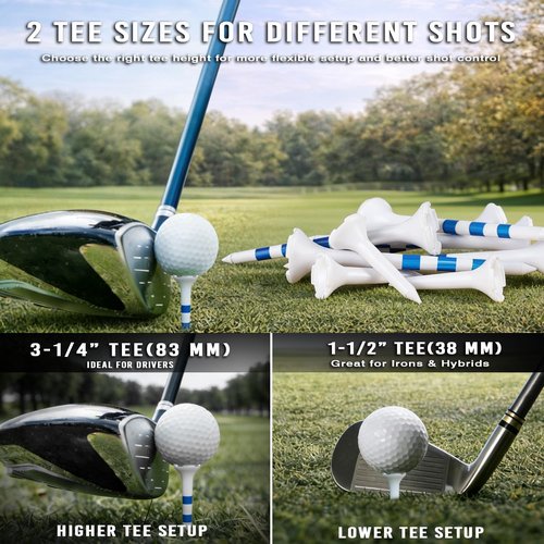 Golf Tees - 115 Pack of 3-1/4" & 1-1/2" Mixed Sizes | Durable 4-Prong Low Resistance Design