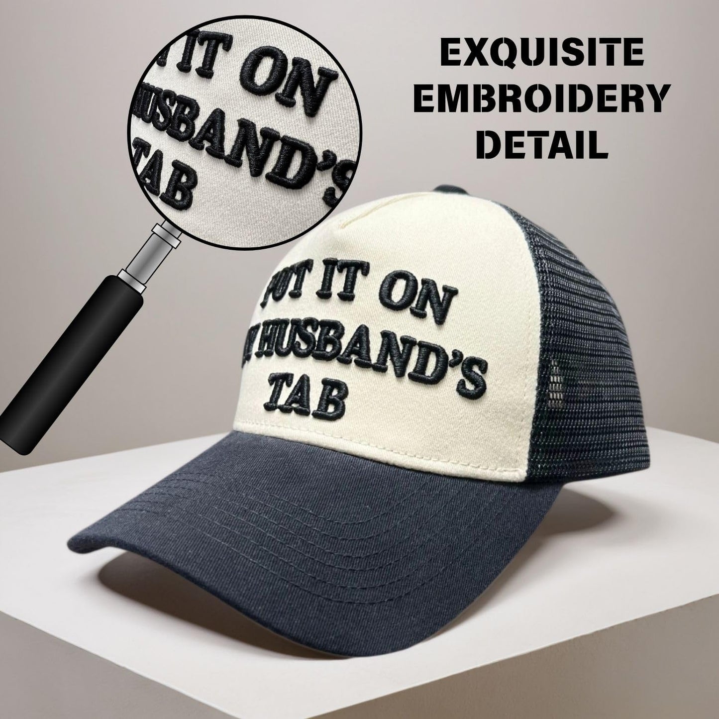 Put It On My Husband’s Tab – Funny Women’s Trucker Hat – 3D Embroidered Mesh Cap, Adjustable Snapback, Retro 5-Panel Baseball Hat