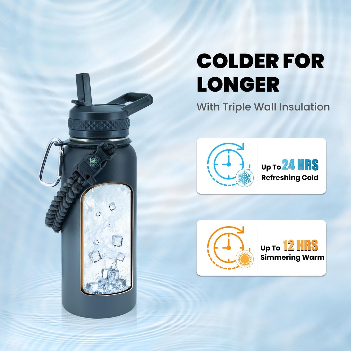 Skiennix Insulated Water Bottle - 32 Oz Triple Wall Vacuum Stainless Steel | Keeps Drinks Cold for 48 Hrs, Leak Proof, Dark Grey