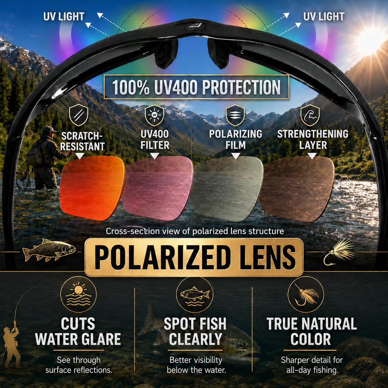 Flux Sportech Polarized Fishing Sunglasses for Men and Women, Anti Glare TR-90 Wrap Frame, UV400, Fly Fishing, Kayak