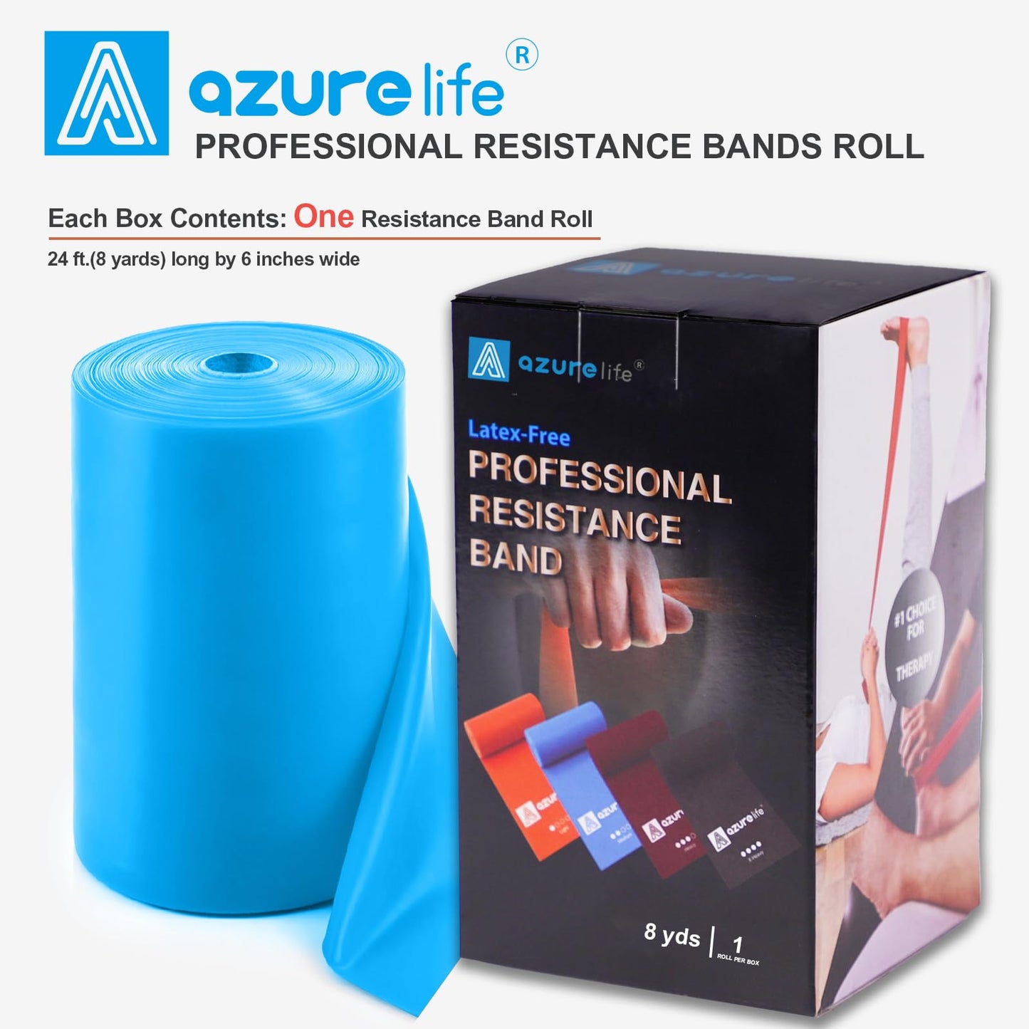 A AZURELIFE Professional 8 Yards Bulk Resistance Bands Rolls or 5,6,7 ft. Long Non-Latex Elastic Exercise Bands, Stretch Bands for PT, Yoga, Pilates, Rehab, at-Home or The Gym Workouts