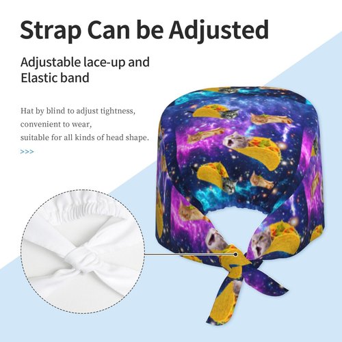 Blue Purple Galaxy Cat Taco Working Cap for Women Men, Scrub Cap with Sweatband Adjustable, Unisex Tie Back Hat, Nurse Surgical Caps