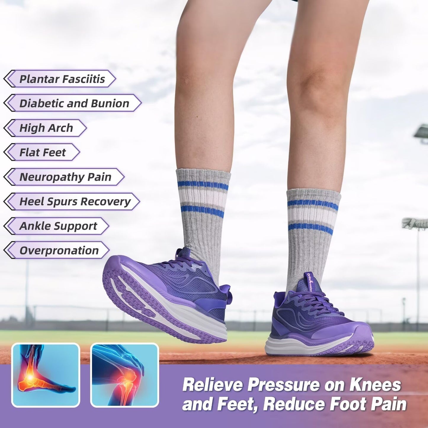 Women's Orthopedic Tennis Shoes: Supportive Plantar Fasciitis Orthotic Neuropathy Trail Sneakers, Indoor High Instep Composite Toe Athletic Standing Walking Shoes Purple Size 9.5