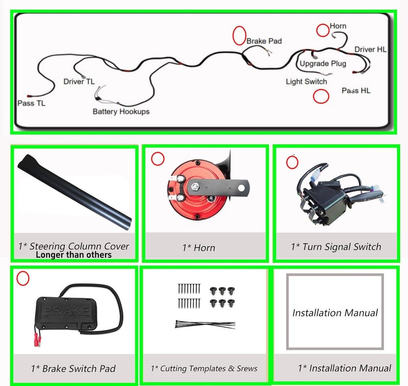 Dr.Acces Golf Cart Turn Signal Kit with Horn Brake Light Switch, 9-Pin Plug Upgrade Wiring Harness - 12V for Club Car,EZGO,Yamaha