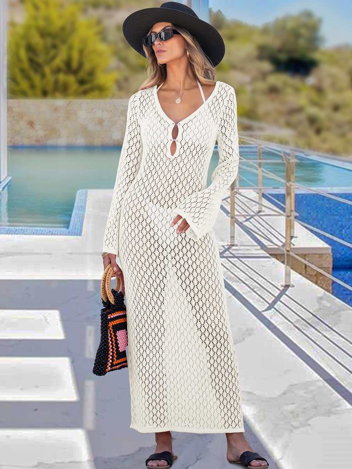 ANRABESS Women Swimsuit Swim Crochet Cover Up Knit Bathing Suit Swimwear 2026 Summer Bodycon Beach Dress Vacation Clothes White Small