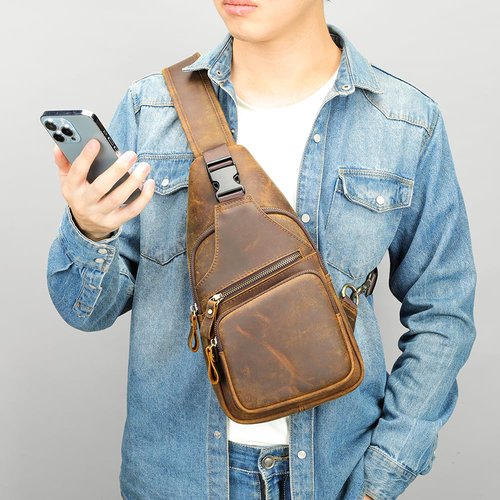 NIUCUNZH Genuine Leather Sling Bag Front Metal-Latch Crossbody Bags Handmade Vintage Chest Shoulder Backpack for Women Men Crazy Horse