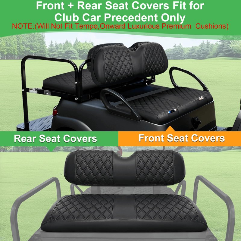 LEAPGOMAX 4PCS Golf Cart Seat Covers Front and Rear Set Fit for Club Car Precedent OEM Standard Seat Seat Thick Leather Custom Diamond Comfortable, Anti-Scratch, No Staples Black