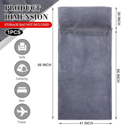 Flannel Sleeping Bag Liner for Adult, Travel Camping in Warm Cold Weather, Soft Fluffy Travel & Hotel Sleeping Bag Liner with Zipper for Hiking Camping Indoor Outdoor Use(Gray,87 x 41 Inches)