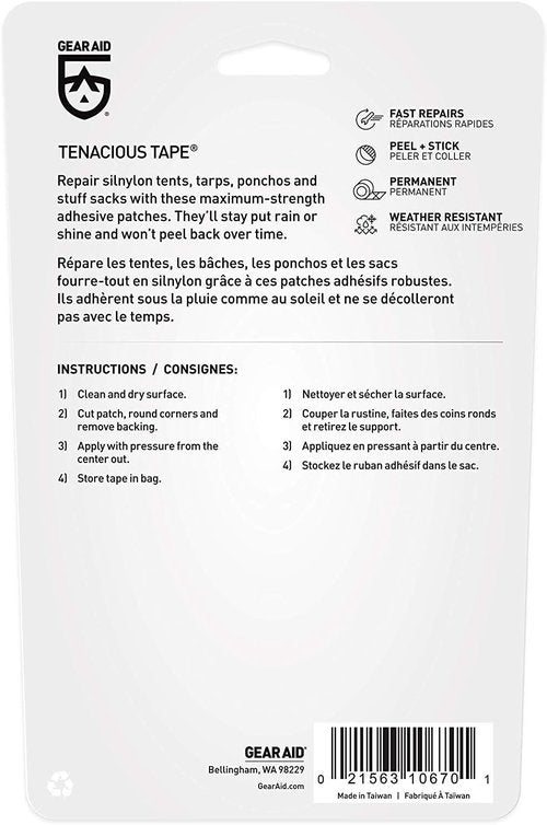 GEAR AID Tenacious Tape Silnylon Patches - Durable Silicone Tent & Tarp Repair | 3”x5” Size