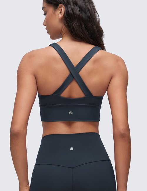 CRZ YOGA Butterluxe Sports Bra - V Neck Padded Longline Crop Top with Ruched Design for Women