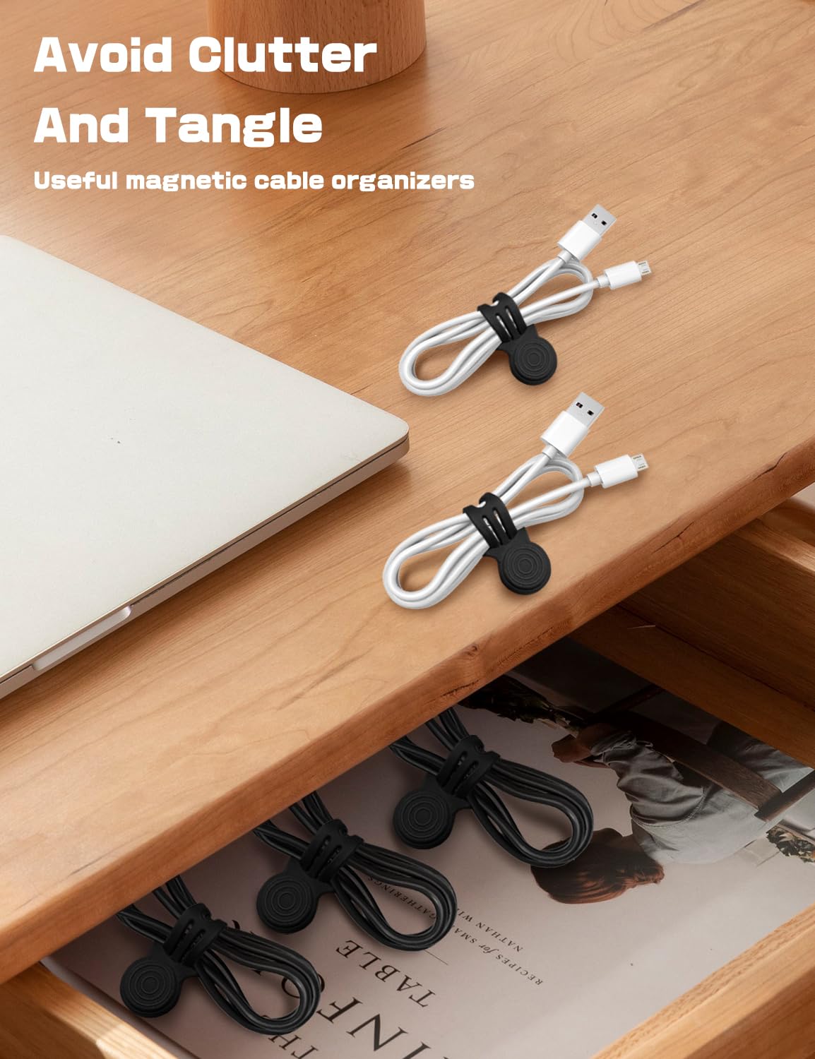 Maveek 10 Pcs Cable Ties Magnetic Cord Organizer Storage Travel For Laptop Computer Earphones USB Phone Charging Wires, Small Cord Wraps Keeper Clips - Black