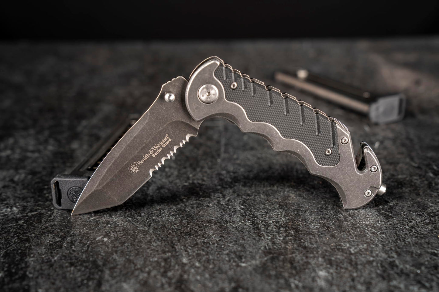 SMITH & WESSON Border Guard SWBG10S 8.3in High Carbon S.S. Folding Knife with 3.5in Serrated Tanto Blade and Aluminum Handle for Outdoor, Tactical, Survival and EDC, Black