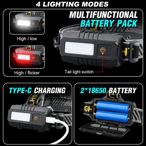 KOLYC Headlamp Rechargeable 5000 High Lumen: Super Bright LED Head Lamp with Motion Sensor, 9 Modes, IPX7 Waterproof, 90°Adjustable, Zoomable Headlight for Adults Hunting Camping Hiking Running