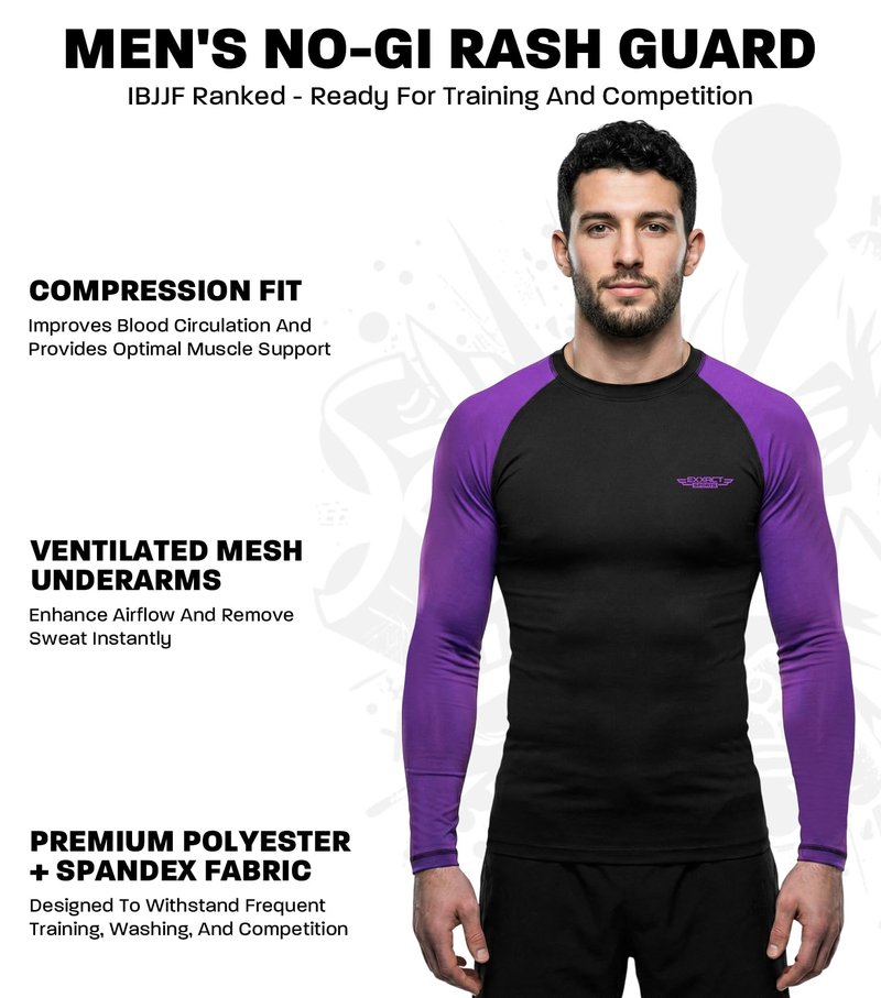 Exxact Sports Men’s BJJ Rash Guard Long Sleeve, IBJJF Ranked No Gi Jiu Jitsu Compression Shirt for MMA Grappling & Wrestling - (Black/Purple, AM)