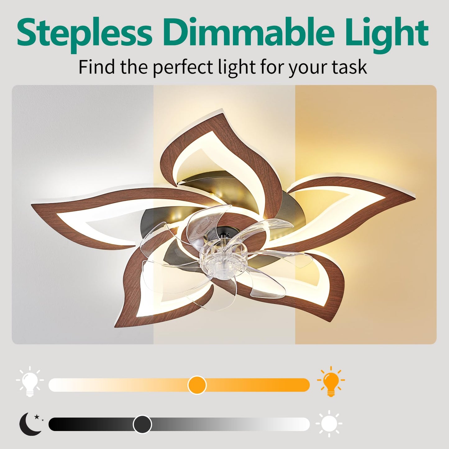 HuixuTe 24" Wood Geometric Ceiling Fan with Lights Remote Control, Low Profile Ceiling Fan with Light for Kitchen Bedroom Living Room