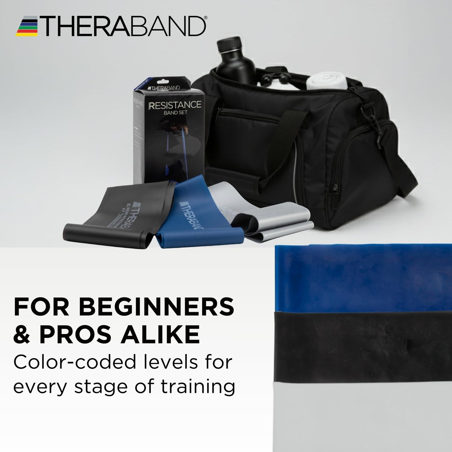 THERABAND Resistance Bands Set, Advanced Kit, Blue, Black, Silver, Latex Elastic Bands for Exercise & Physical Therapy, Strength Training for Upper & Lower Body Fitness