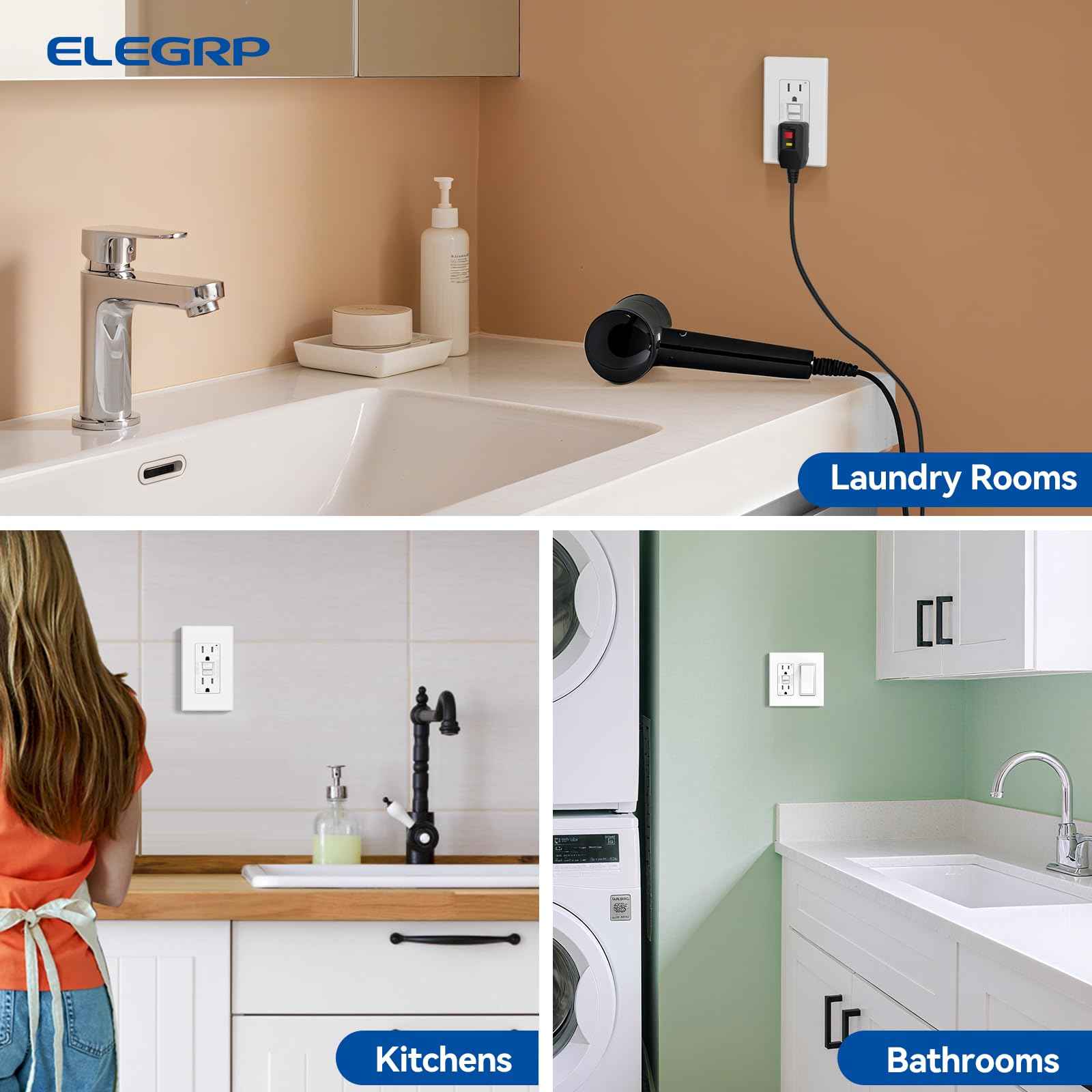 ELEGRP GFCI Outlet 15 Amp, Self-Test GFI Electrical Outlet with Thinner Design, TR Tamper Resistant GFCI Receptacle, Ground Fault Circuit Interrupters with Wall Plate, UL Listed, Matte White, 6 Pack