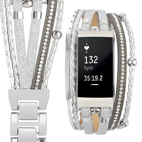 YONWORTH Posh Leather Band Compatible with Fitbit Charge 4 3 Bands, Women Boho Bracelets Wristbands Jewelry Multilayer Wrap Strap Replacement for 4/ 3/ 3SE Accessories (Glitter Silver)